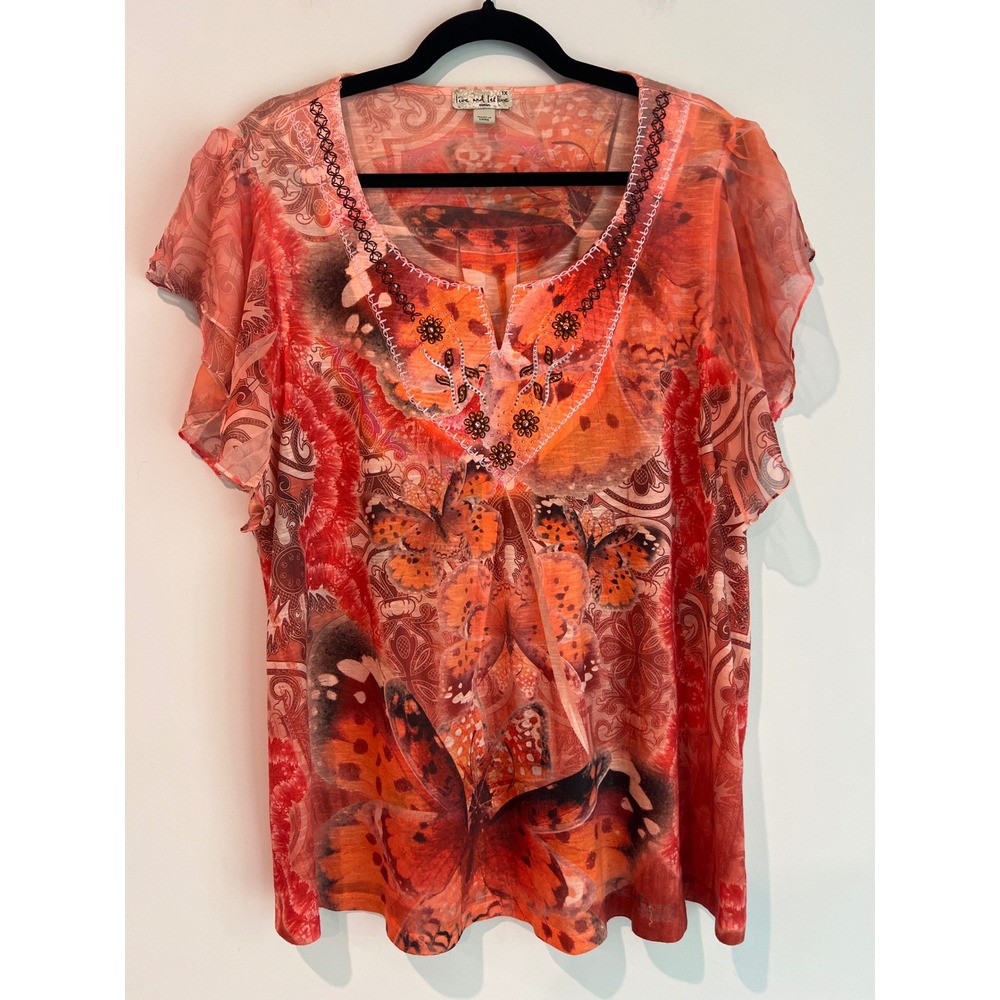 Live and Let Live Boho Butterfly Paisley Beaded V-Neck Top Orange Red Plus 1X